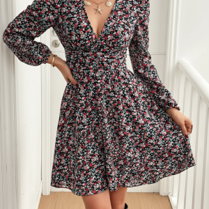 Printed Puff Long Sleeves Ruched Smocked A-Line Dress Mixed Colors/M - Allegra K catalog