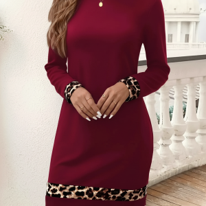 Leopard-Print Patchwork Long Sleeve Midi Dress Burgundy/XL - Allegra K catalog