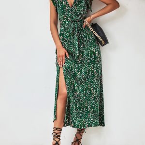 Floral Ruffled Short Sleeves Side Slit Dress Green/M - Allegra K catalog