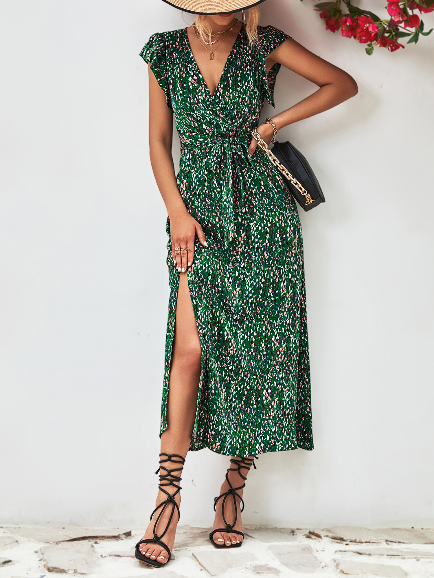 Floral Ruffled Short Sleeves Side Slit Dress Green/M - Allegra K catalog
