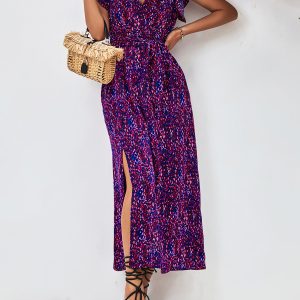 Floral Ruffled Short Sleeves Side Slit Dress Blue/M - Allegra K catalog