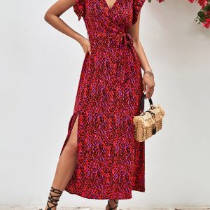 Floral Ruffled Short Sleeves Side Slit Dress Red/XS - Allegra K catalog