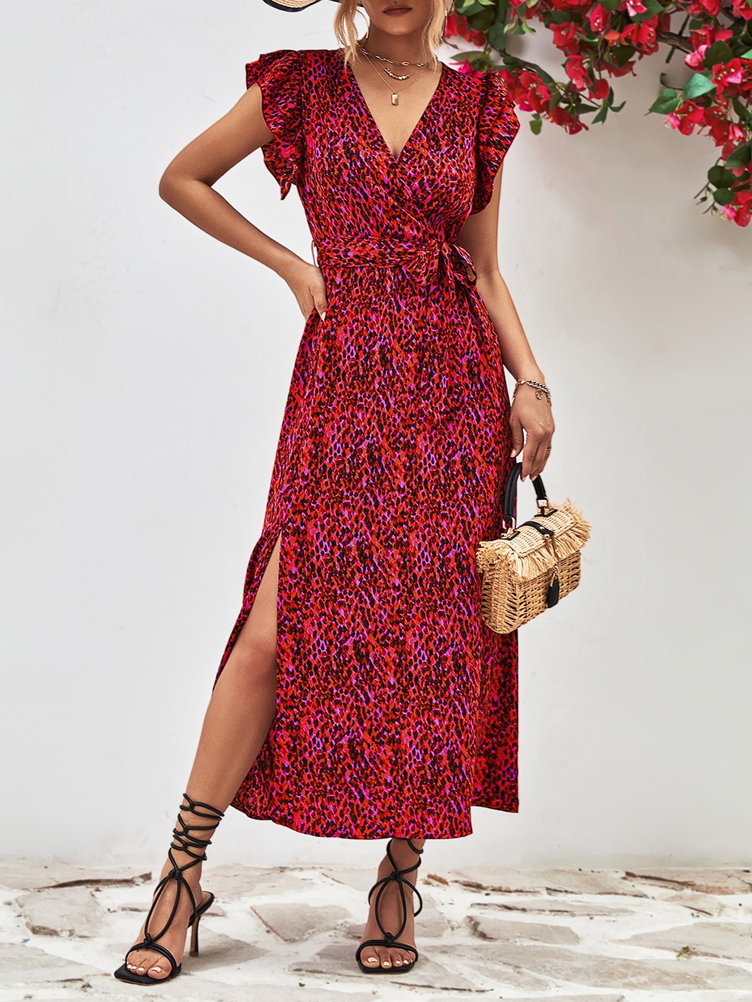 Floral Ruffled Short Sleeves Side Slit Dress Red/L - Allegra K catalog