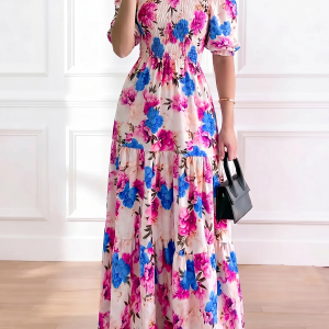 Off-the-Shoulder Leopard Floral Puff Sleeve Tiered Maxi Dress Purple Blue/XL - Allegra K catalog