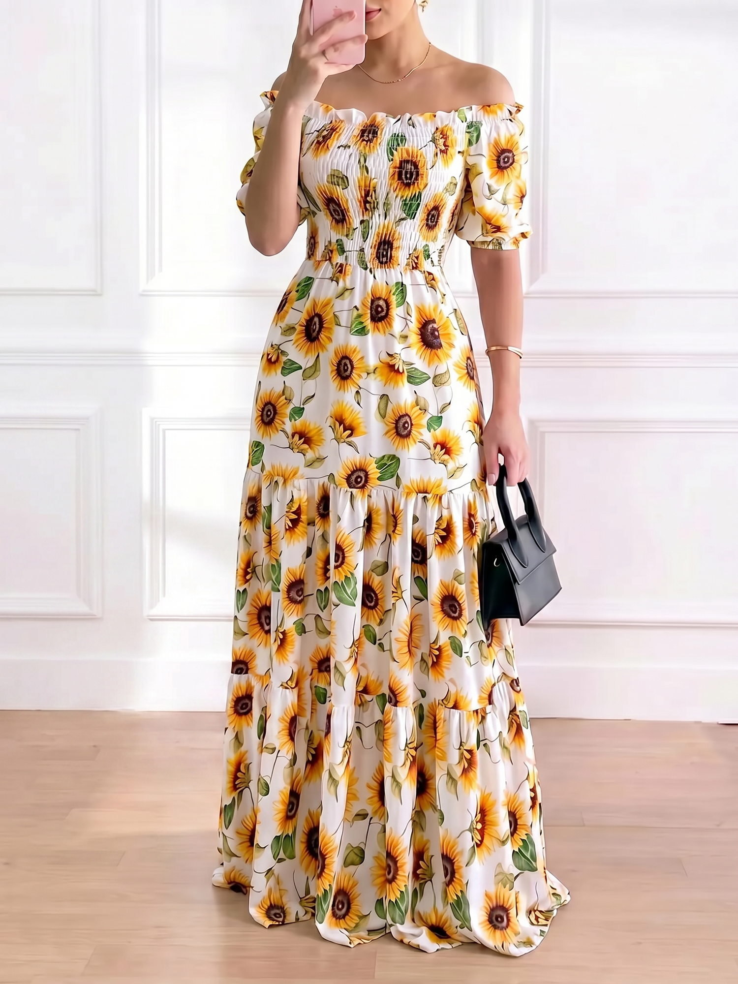 Off-the-Shoulder Leopard Floral Puff Sleeve Tiered Maxi Dress Yellow/S - Allegra K catalog
