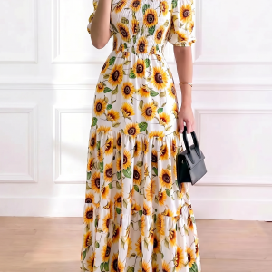Off-the-Shoulder Leopard Floral Puff Sleeve Tiered Maxi Dress Yellow/L - Allegra K catalog