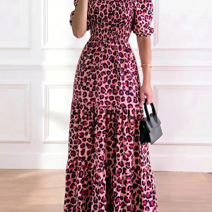 Off-the-Shoulder Leopard Floral Puff Sleeve Tiered Maxi Dress Khaki Leopard/S - Allegra K catalog