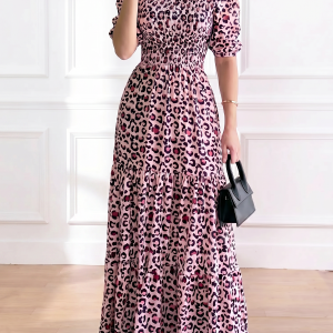 Off-the-Shoulder Leopard Floral Puff Sleeve Tiered Maxi Dress Pink Leopard/XL - Allegra K catalog