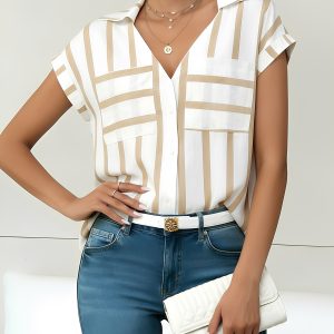 Striped Pocket Button Down Short Sleeves Blouse Apricot/XL - Allegra K catalog