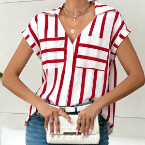 Striped Pocket Button Down Short Sleeves Blouse Red/M - Allegra K catalog