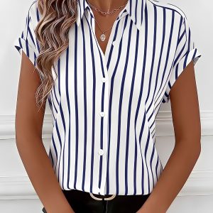 Casual Drop-Shoulder Striped Short Sleeves Blouse Blue/XS - Allegra K catalog