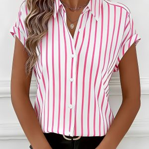 Casual Drop-Shoulder Striped Short Sleeves Blouse Pink/S - Allegra K catalog