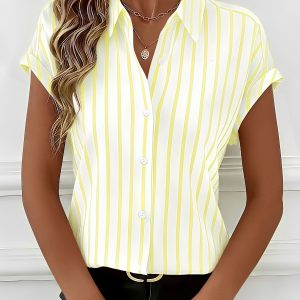 Casual Drop-Shoulder Striped Short Sleeves Blouse Yellow/S - Allegra K catalog