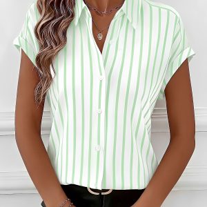 Casual Drop-Shoulder Striped Short Sleeves Blouse Green/M - Allegra K catalog