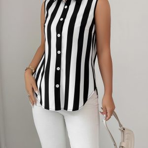Casual Sleeveless Striped Colorblock Button Down Blouse Black/XL - Allegra K catalog