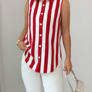 Casual Sleeveless Striped Colorblock Button Down Blouse Red/S - Allegra K catalog