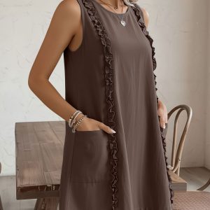 Sleeveless Pocketed Ruffled Mini Summer Casual Dress Coffee/XS - Allegra K catalog