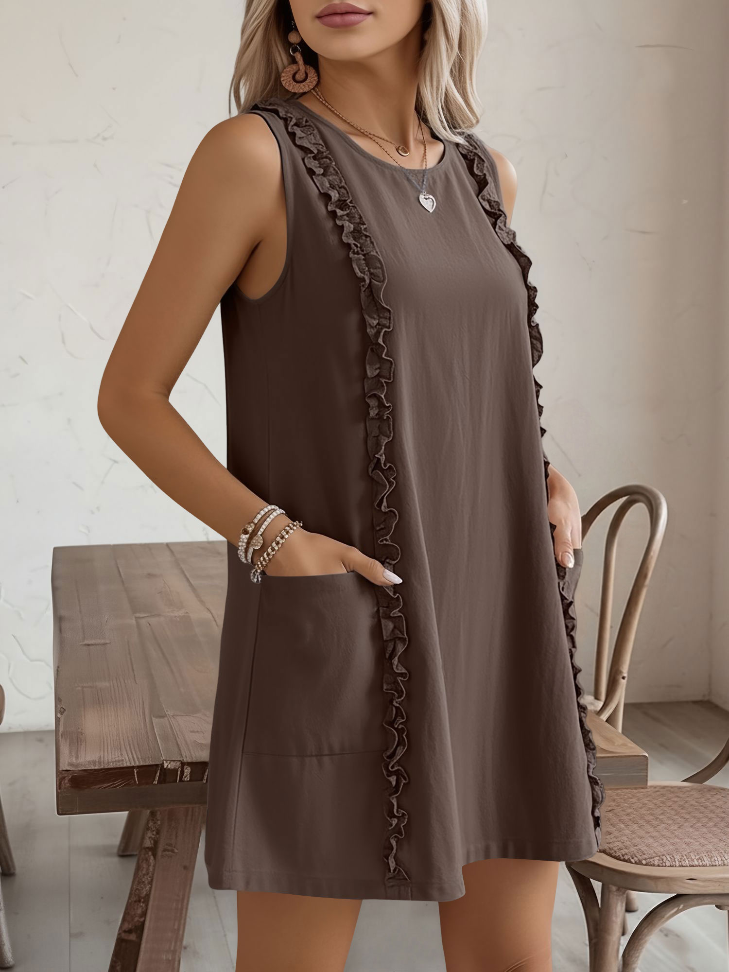 Sleeveless Pocketed Ruffled Mini Summer Casual Dress Coffee/M - Allegra K catalog