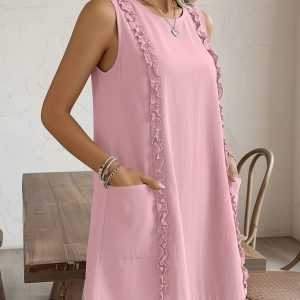 Sleeveless Pocketed Ruffled Mini Summer Casual Dress Pink/M - Allegra K catalog