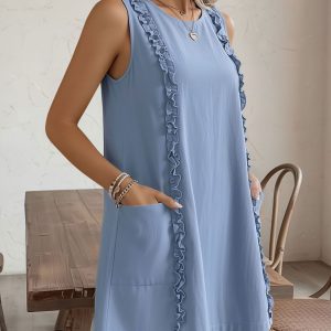 Sleeveless Pocketed Ruffled Mini Summer Casual Dress Blue/S - Allegra K catalog