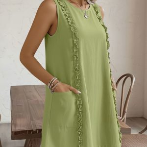 Sleeveless Pocketed Ruffled Mini Summer Casual Dress Green/S - Allegra K catalog