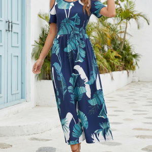 Cold Shoulder Round Neck A-Line Midi Printed Dress Navy Blue/XS - Allegra K catalog