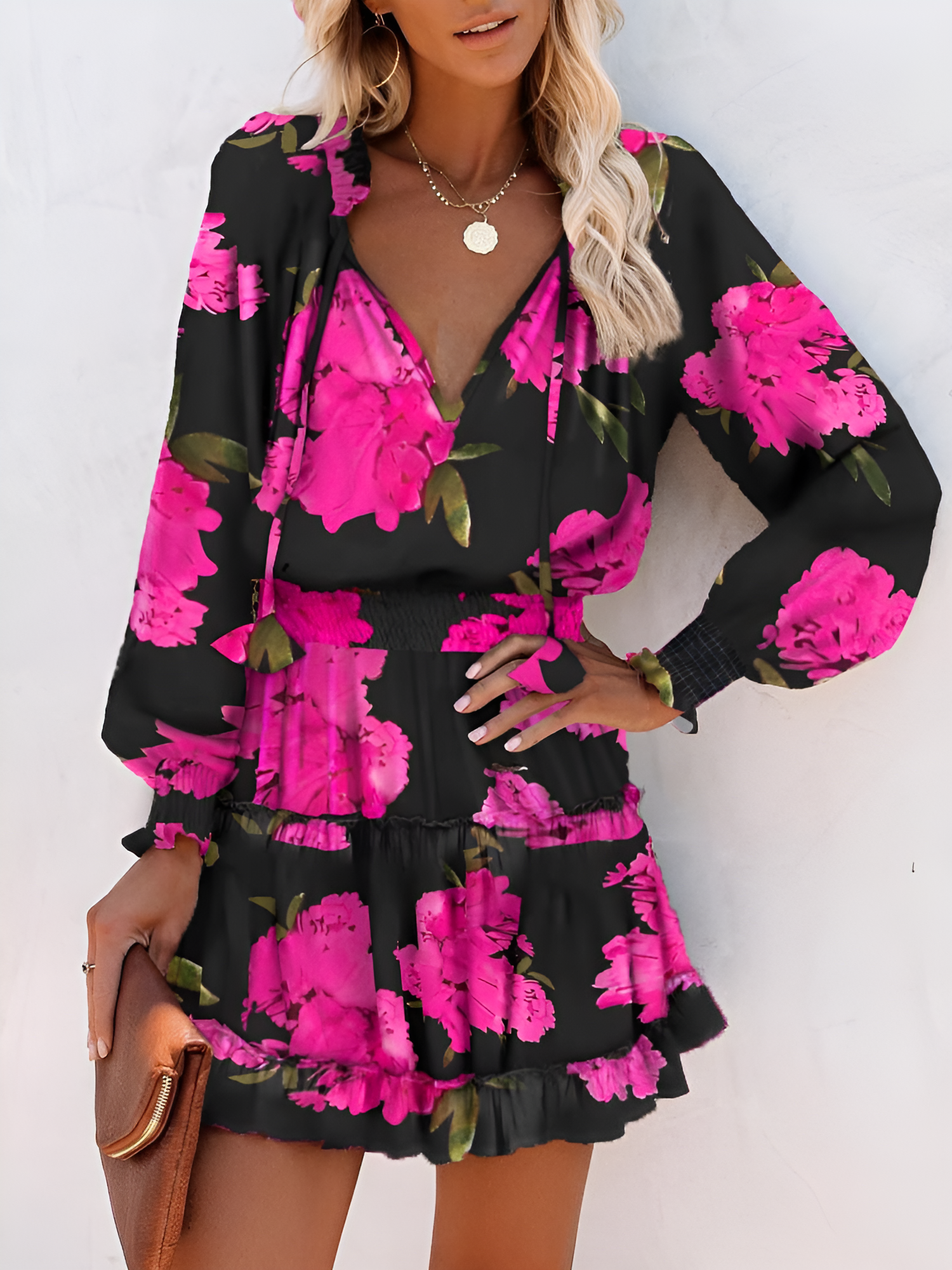 Ruffled Printed V-Neck Fitted Long Sleeve Tiered Dress Rose Red/L - Allegra K catalog