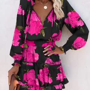 Ruffled Printed V-Neck Fitted Long Sleeve Tiered Dress Rose Red/XL - Allegra K catalog
