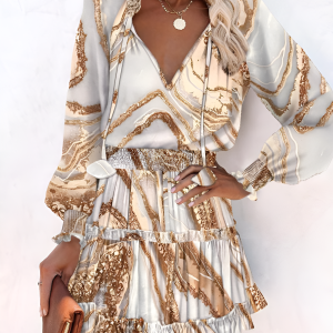 Ruffled Printed V-Neck Fitted Long Sleeve Tiered Dress Khaki/M - Allegra K catalog