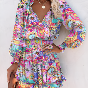 Ruffled Printed V-Neck Fitted Long Sleeve Tiered Dress Light Purple/S - Allegra K catalog