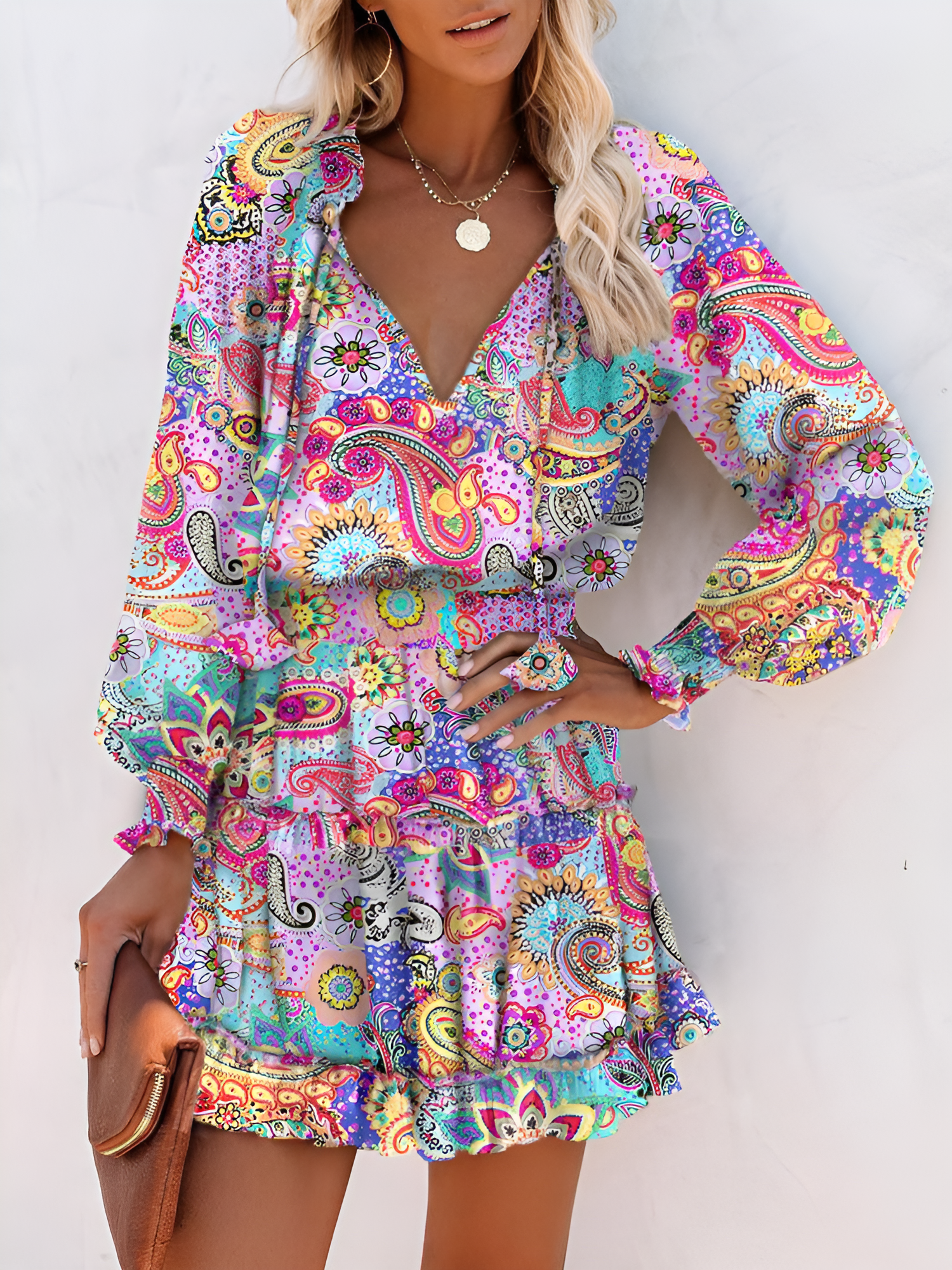 Ruffled Printed V-Neck Fitted Long Sleeve Tiered Dress Light Purple/XL - Allegra K catalog