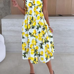 Spaghetti Strap Smocked Backless Printed A-Line Dress Yellow/XS - Allegra K catalog