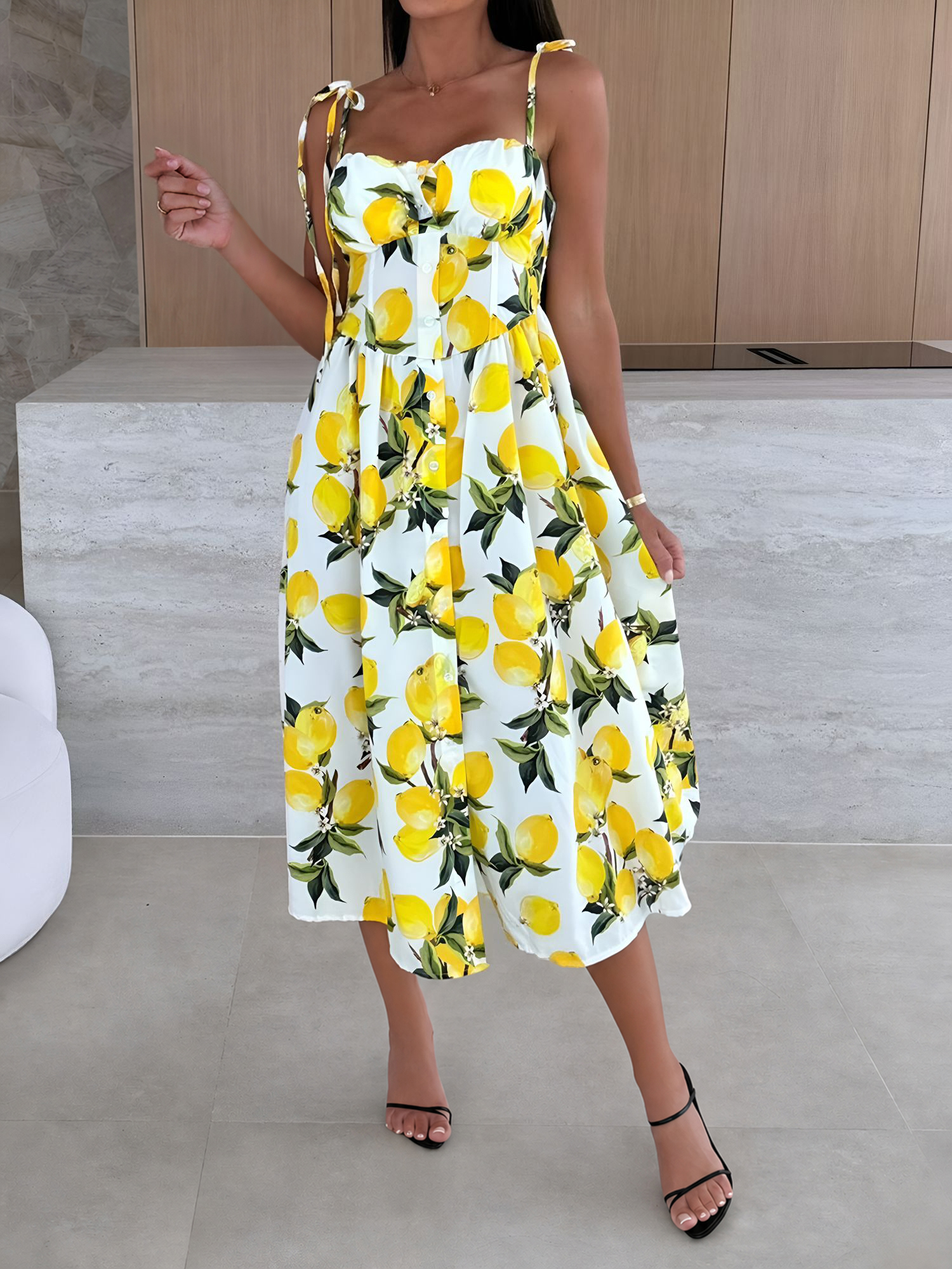 Spaghetti Strap Smocked Backless Printed A-Line Dress Yellow/XL - Allegra K catalog