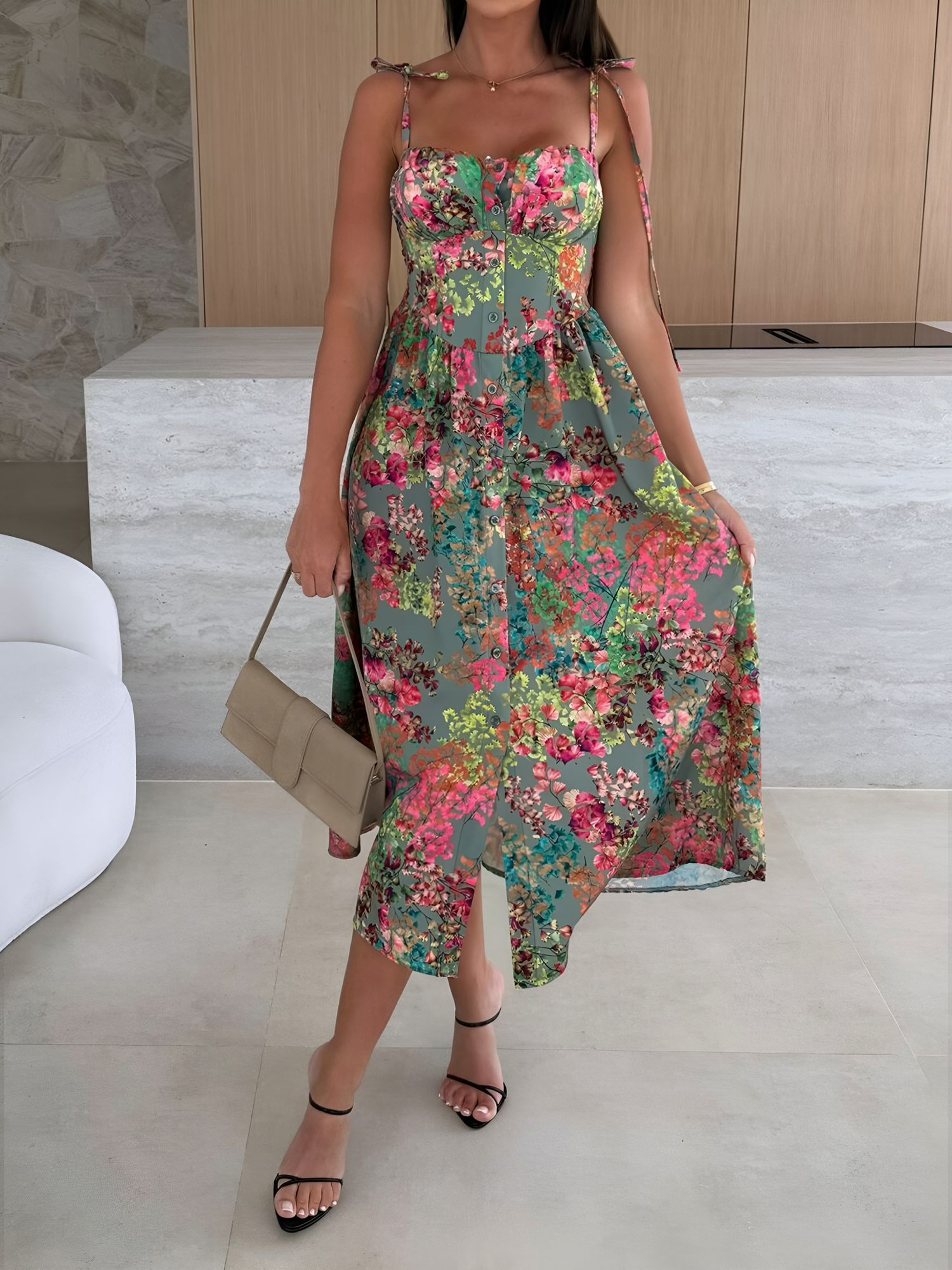 Spaghetti Strap Smocked Backless Printed A-Line Dress Green/XS - Allegra K catalog