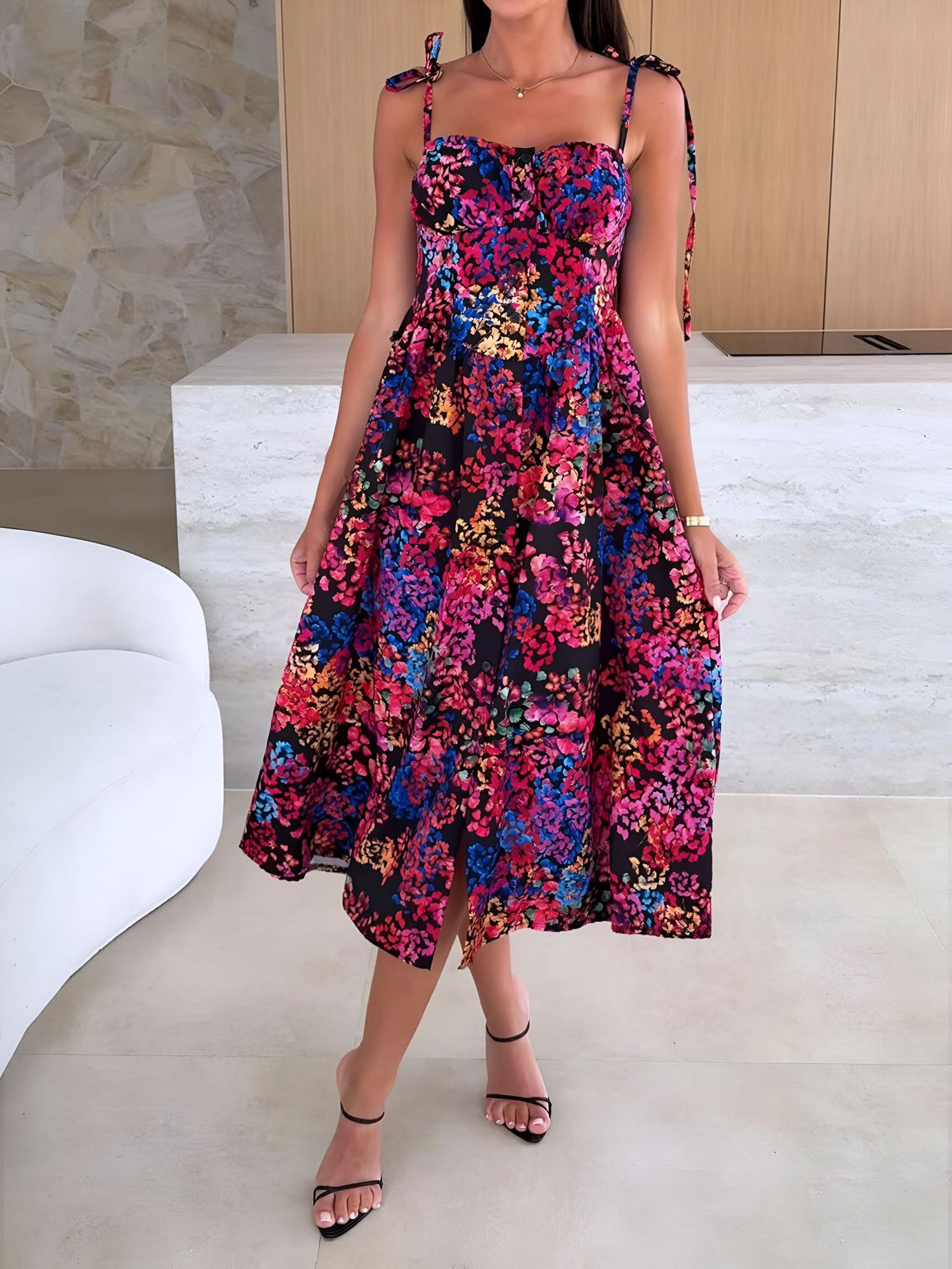 Spaghetti Strap Smocked Backless Printed A-Line Dress Black/XS - Allegra K catalog