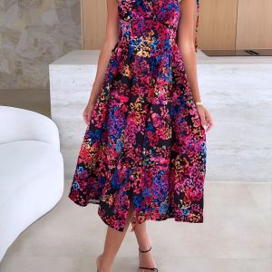 Spaghetti Strap Smocked Backless Printed A-Line Dress Black/XL - Allegra K catalog