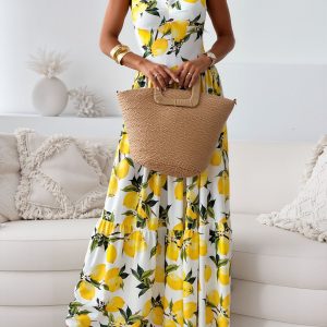 Lemon Printed Strap Smocked Back Tiered Dress Yellow/S - Allegra K catalog