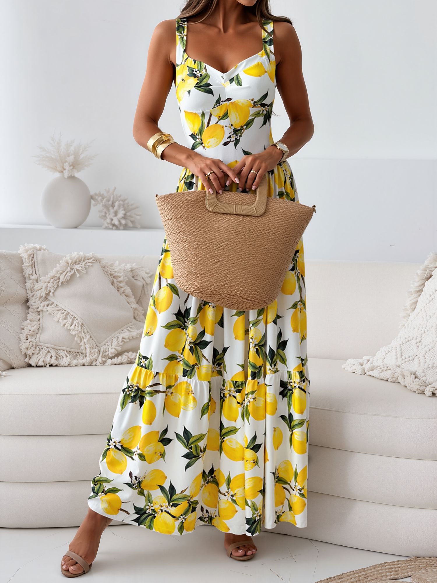 Lemon Printed Strap Smocked Back Tiered Dress Yellow/M - Allegra K catalog