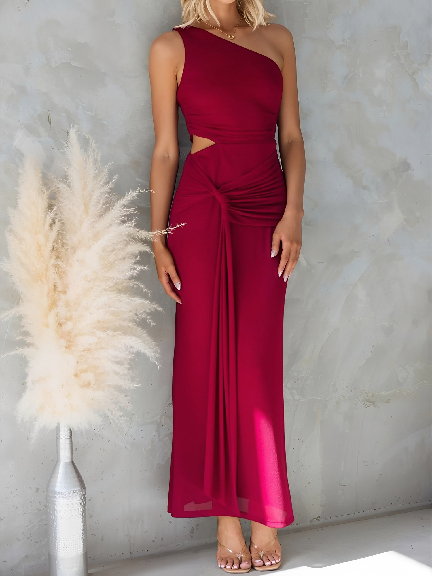 One Shoulder Cut-Out Sleeveless Bodycon Event Dress Dark Red/M - Allegra K catalog