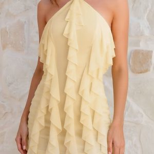 Halter Neck Ruffle Bodycon Backless Mini Dress Yellow/M - Allegra K catalog