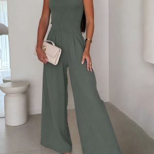 Strapless Smocked Textured Wide Legs Jumpsuit Green/L - Allegra K catalog