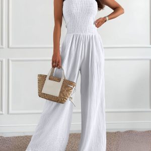Strapless Smocked Textured Wide Legs Jumpsuit White/S - Allegra K catalog
