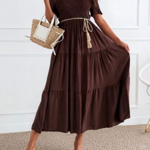 Off Shoulder Short Sleeve Smocked Tiered Midi Dress Coffee/XL - Allegra K catalog