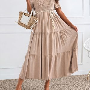 Off Shoulder Short Sleeve Smocked Tiered Midi Dress Khaki/M - Allegra K catalog