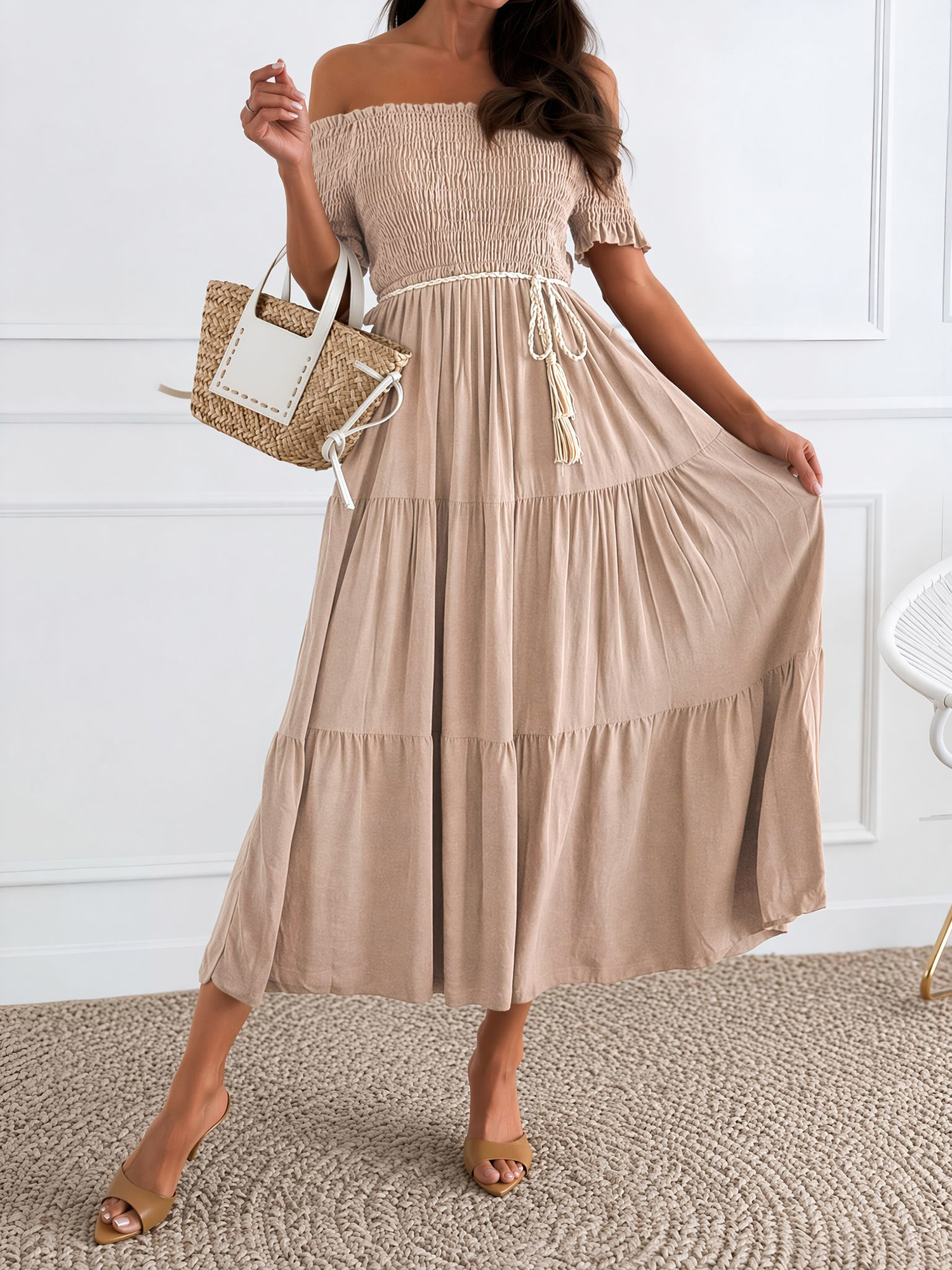 Off Shoulder Short Sleeve Smocked Tiered Midi Dress Khaki/XL - Allegra K catalog