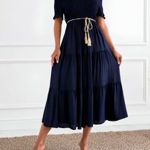 Off Shoulder Short Sleeve Smocked Tiered Midi Dress Navy Blue/M - Allegra K catalog