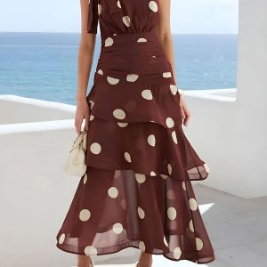 One Shoulder Ruched Polka Dot Ruffle Layered Dress Coffee/S - Allegra K catalog