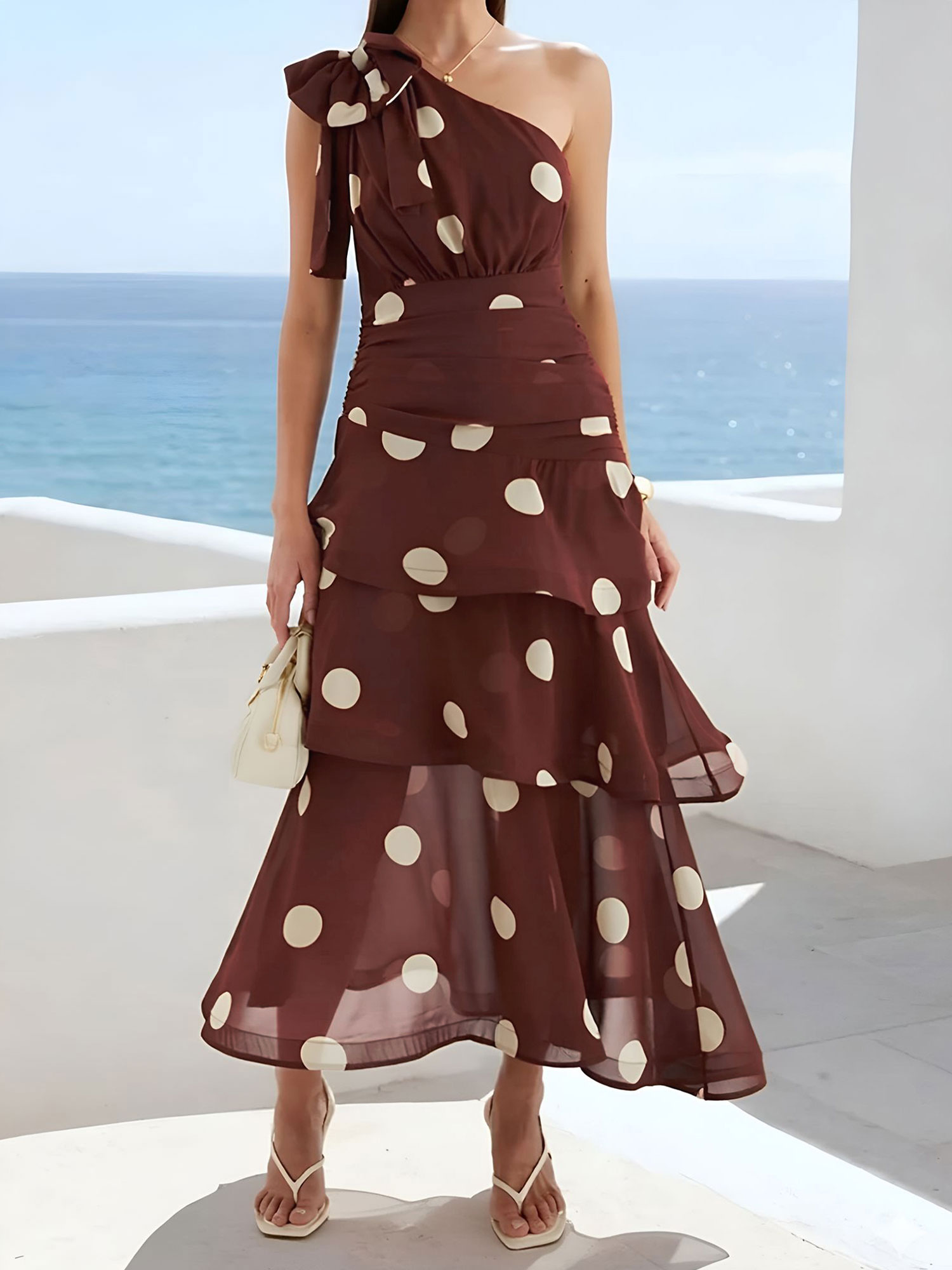 One Shoulder Ruched Polka Dot Ruffle Layered Dress Coffee/L - Allegra K catalog
