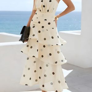 One Shoulder Ruched Polka Dot Ruffle Layered Dress Apricot/S - Allegra K catalog