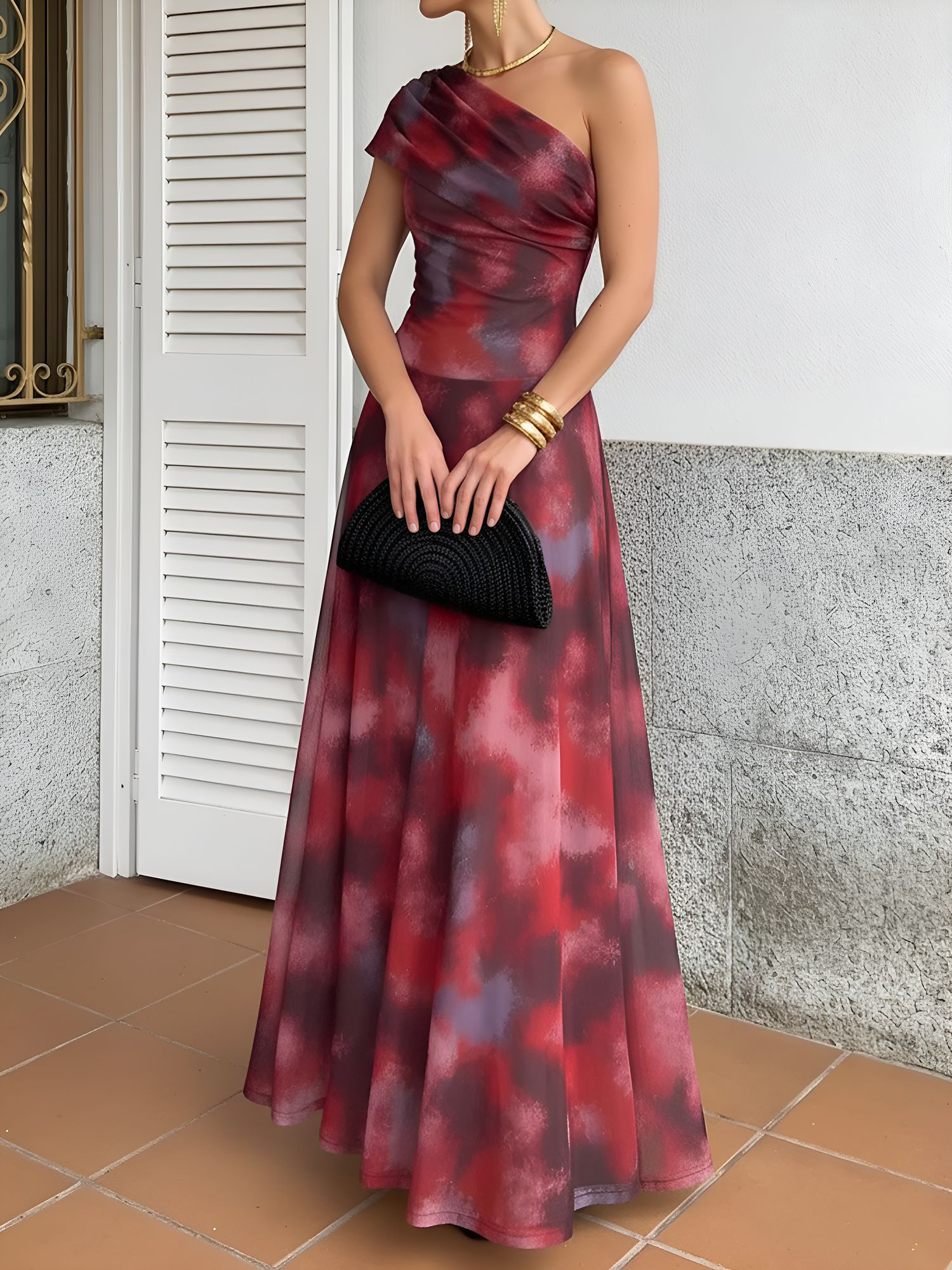 Printed Mesh One Shoulder Ruched Maxi A-Line Dress Red/XS - Allegra K catalog